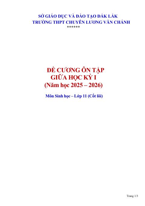 Đề cương ôn tập Giữa kì 1 Sinh học 11 năm 2025–2026 trường THPT chuyên Lương Văn Chánh (Đắk Lắk)